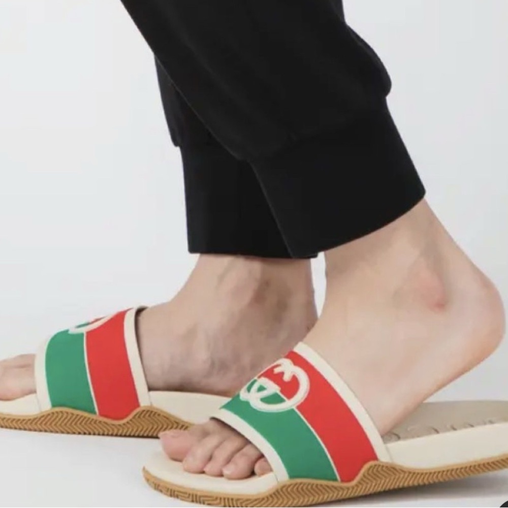 Gucci Cream Slides with Red and Green Stripes